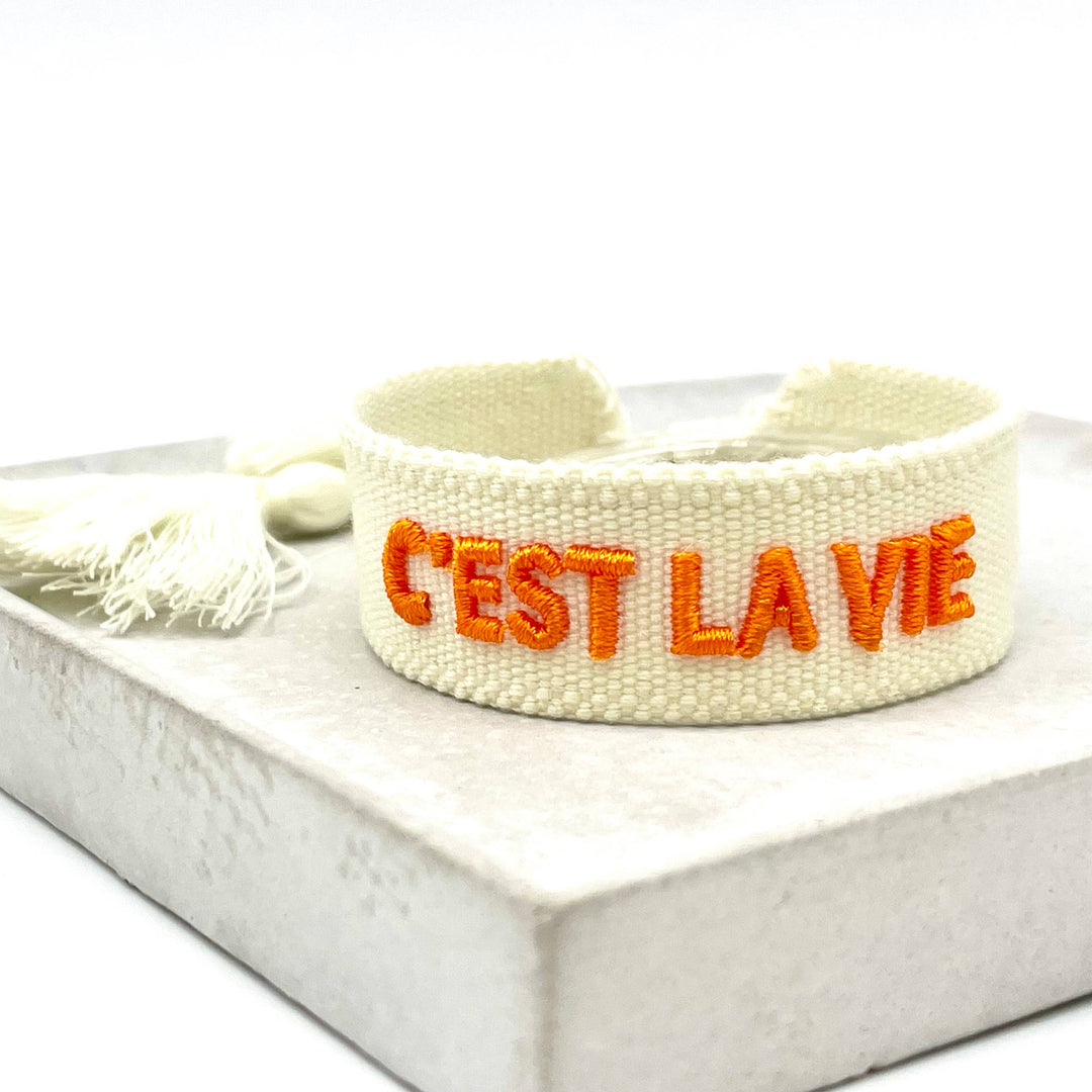 C'EST LA VIE woven, embroidered statement bracelet