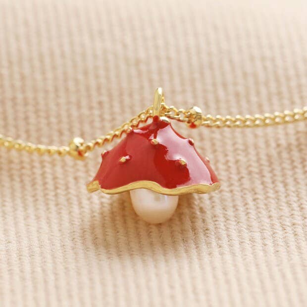 Pearl and Enamel Toadstool Charm Necklace in Gold