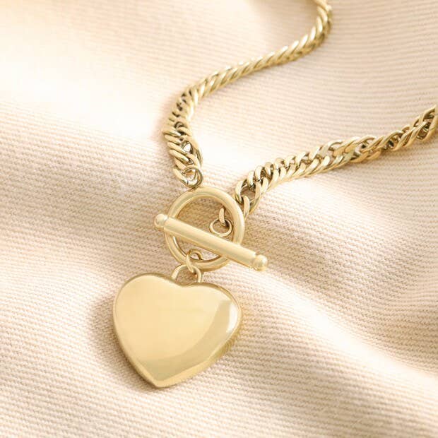 Gold Stainless Steel Chunky Toggle and Heart Pendant Necklac