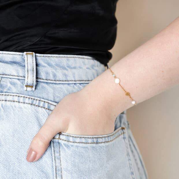 Pearl and Crystal Moon and Stars Bracelet in Gold