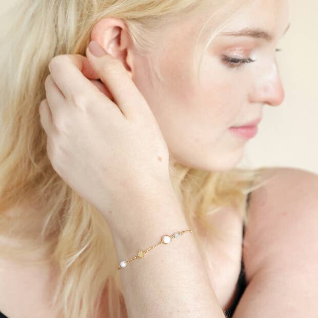 Pearl and Crystal Moon and Stars Bracelet in Gold